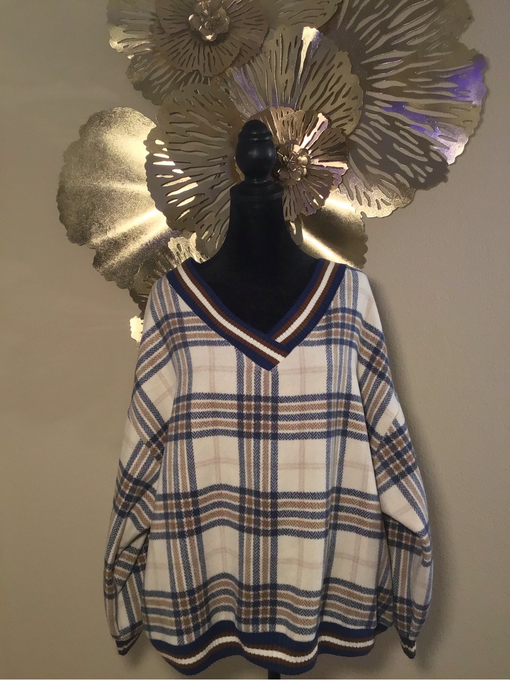 JK STUDIO Off-the-Shoulder Plaid Women’s Sweater in White/Blue/Brown